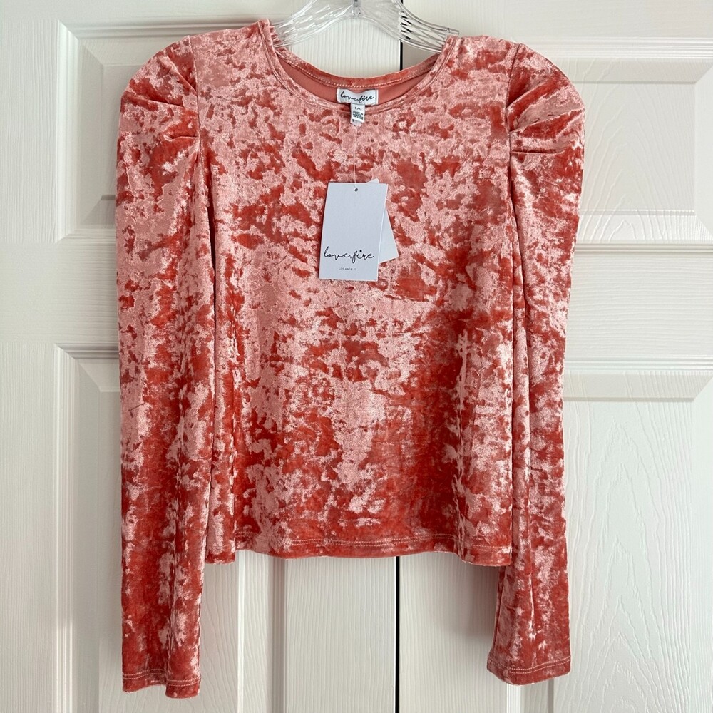Love, Fire Crushed Velvet Peachy/Pink Long Puff Sleeve Cropped Top Size L New